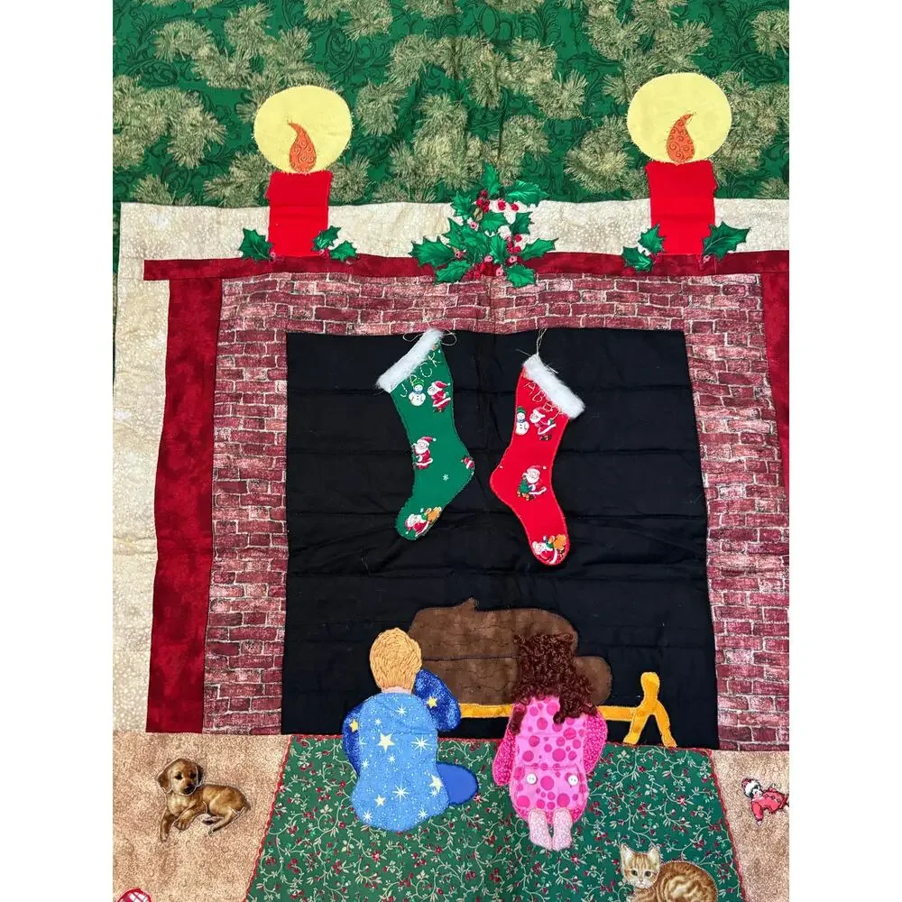 Hand & Machine Sewn Wall Hanging Quilt Christmas Stockings Fireplace 34x43
